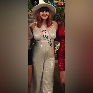 Selling white shimmering Large romper! Wore once for bachelorette weekend!!